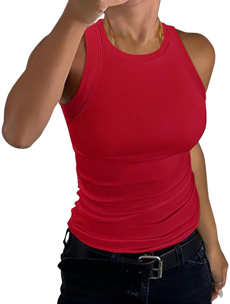 Womens Tank Tops High Neck Sleeveless Ribbed Tank Casual Basic Thick Strap Slim Fitted Racerback ... | Amazon (US)