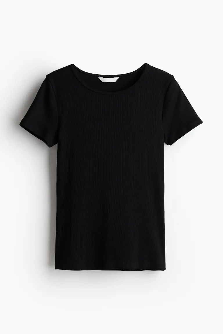 Geripptes T-Shirt - Rundausschnitt - Kurzarm - Schwarz - Ladies | H&M DE | H&M (DE, AT, CH, NL, FI)