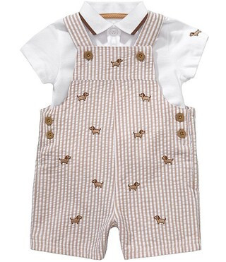 Little Me Baby Boys Cotton Short Sleeve Polo & Striped Seersucker Puppies Jon Jon Overalls Set | ... | Dillard's