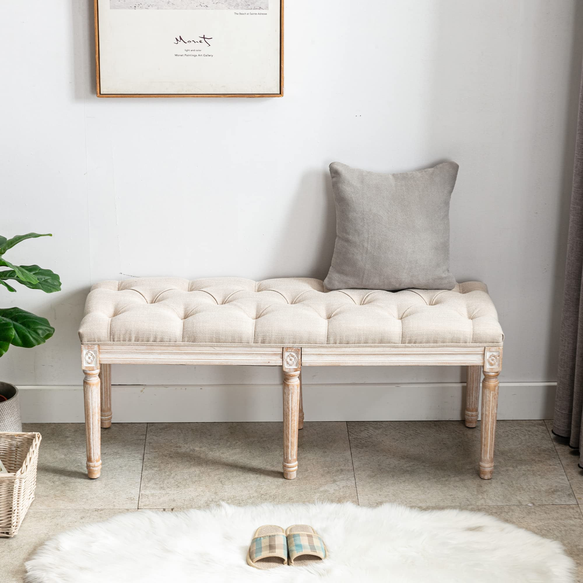 Tufted Dining Bench French Vintage Fabric Upholstered Wood Dining Room Bench Rustic Entryway Benc... | Amazon (US)