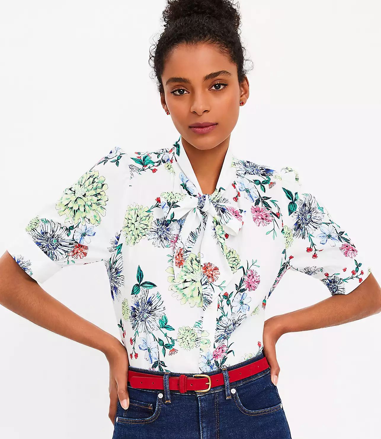 Bouquet Bow Puff Sleeve Blouse | LOFT