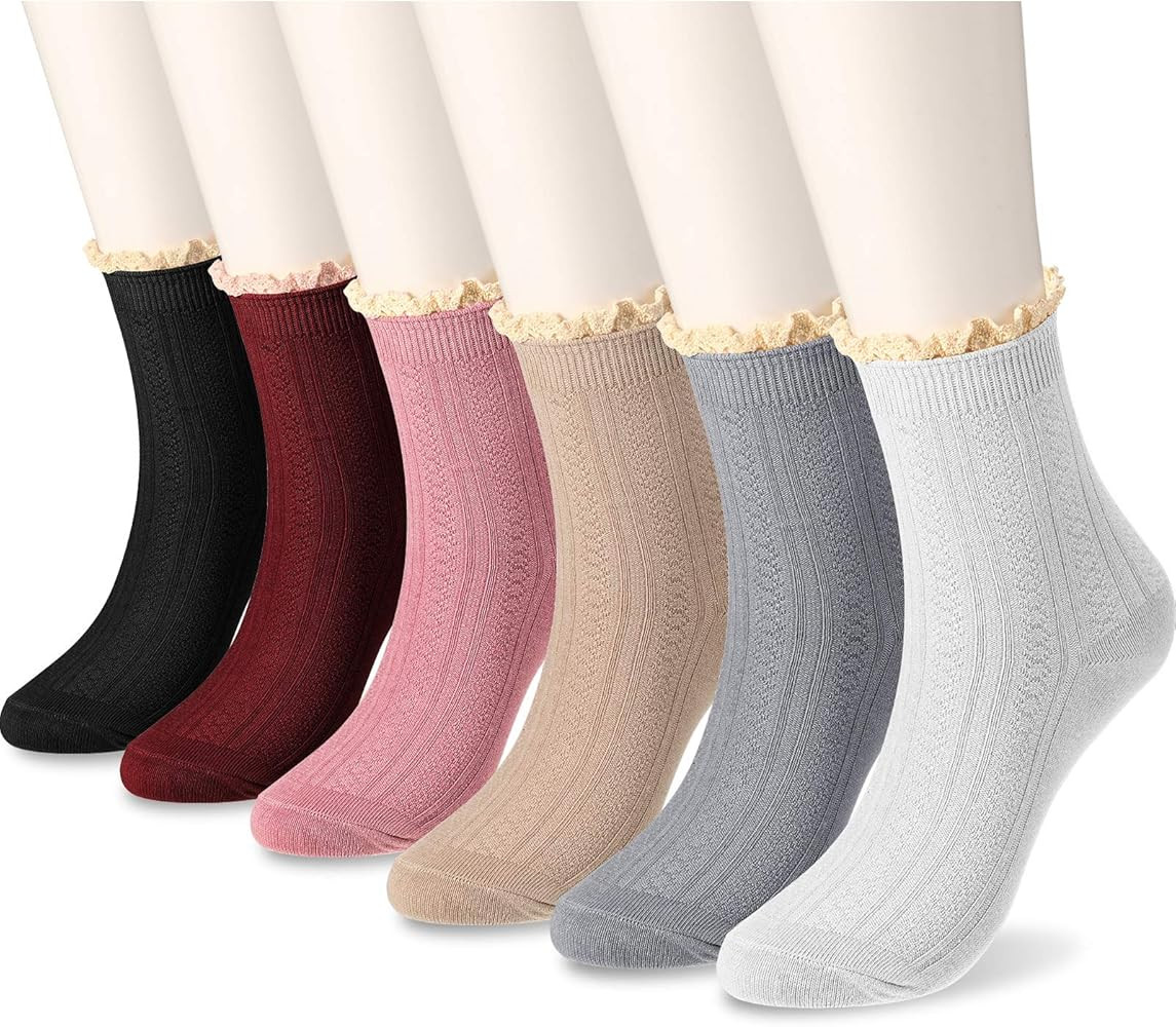 6 Pairs Women's Ankle Socks Lace Ruffle Frilly Boot Socks Vintage Cute Trim Ankle Socks Cotton Kn... | Amazon (US)