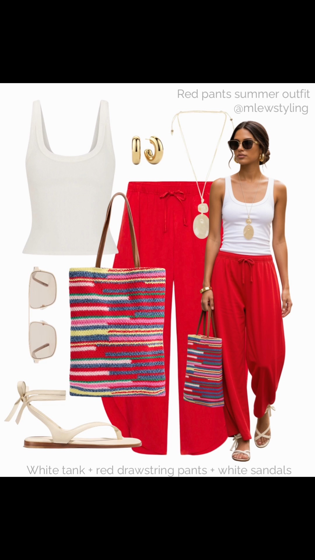 Red pants + white tank top + crochet bag ❤️‍🔥

Tags: Zara drawstring pants, DISSH tank top, Margaux leather sandals, gold earrings, pendant necklace, travel outfit, miu miu dupe bag

#LTKsummer #LTKtravel #LTKbag