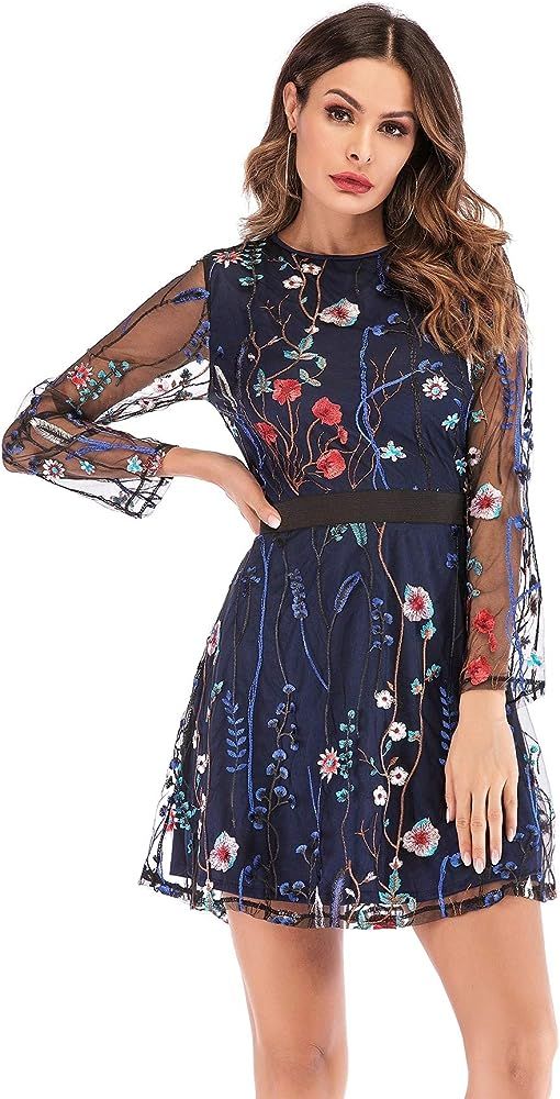 Women's Floral Embroidery Mesh Round Neck Tunic Party Dress | Amazon (US)
