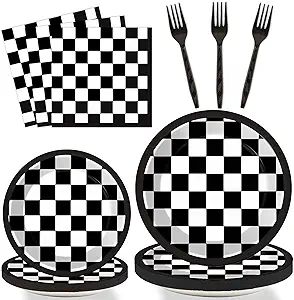 96 Pieces Black and White Checkered Tableware Set for Racing Car Table Decorations Supplies Race ... | Amazon (US)