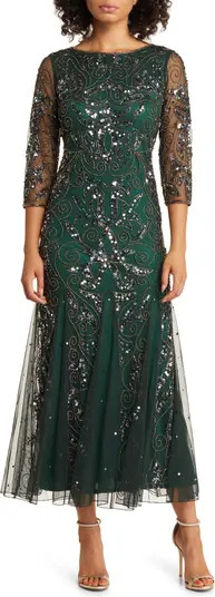 Illusion Sleeve Beaded A-Line Gown | Nordstrom