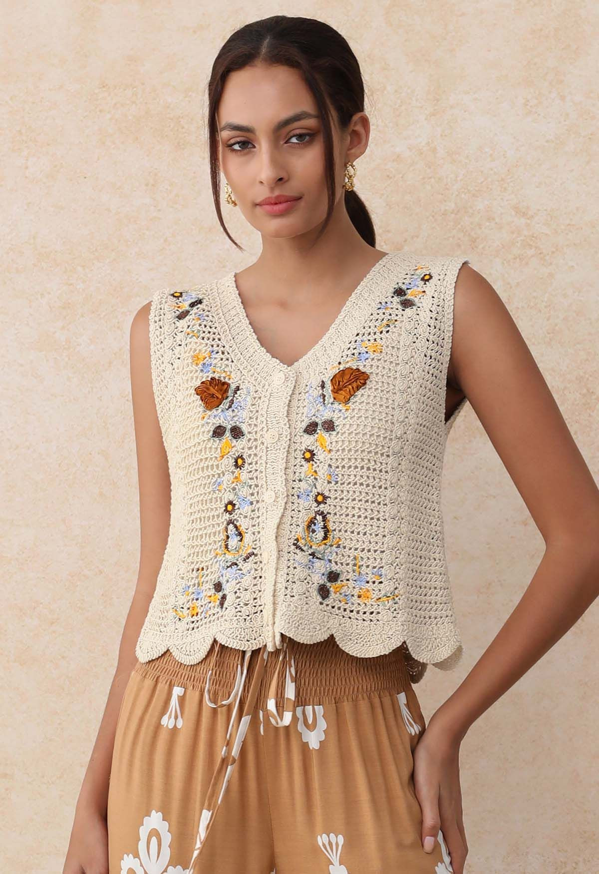 Embroidered Floral Button-Front Crochet Vest | Chicwish