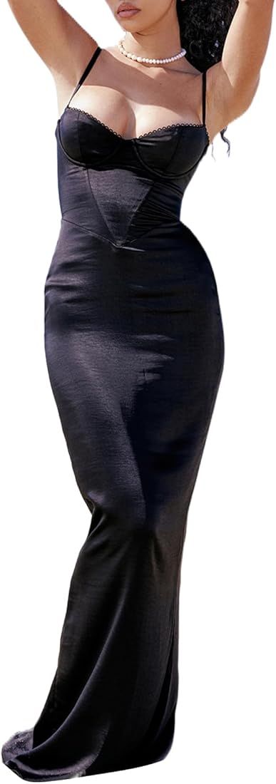 Women's Bodycon Long Dress, Sleeveless Spaghetti Strap Split Hem Corset Party Dress Formal Gown | Amazon (US)