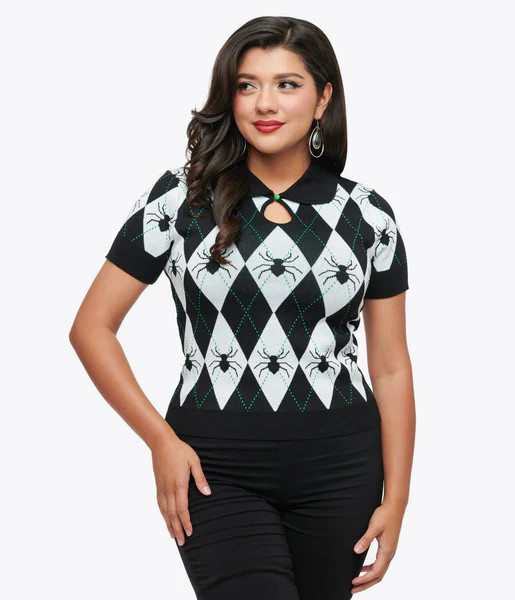 Hell Bunny 1950s Black & White Argyle Spider Natasha Top | UniqueVintage