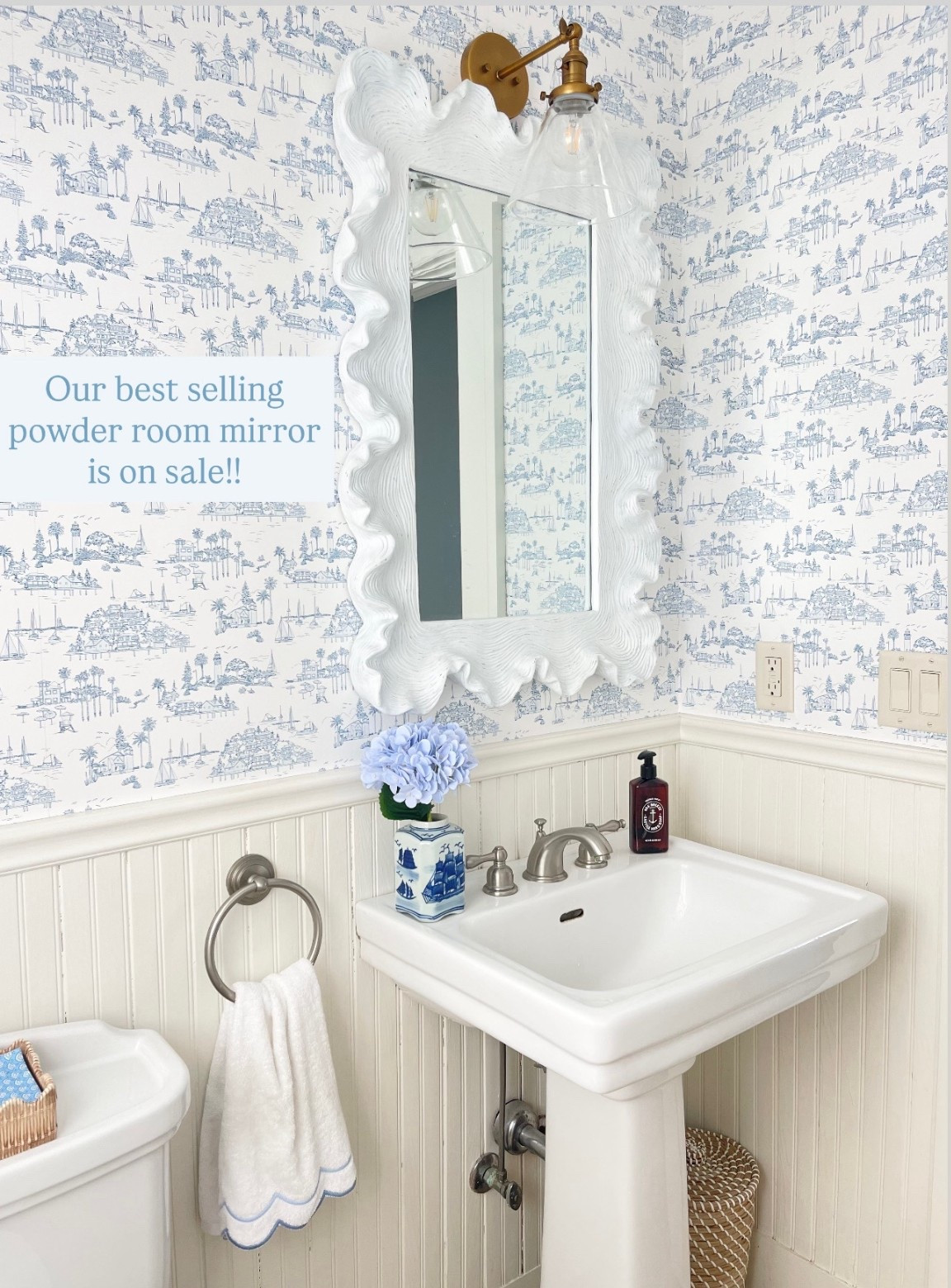 Our best selling coastal powder room mirror (& wallpaper!!) is on sale right now!! Such a timeless piece & so beautiful in person…highly recommend!! 🤍 p.s. also available in a pretty blue color!!

#LTKHome #LTKSaleAlert