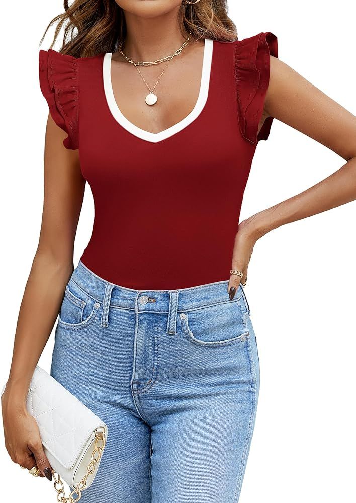 NENONA Women's Summer V Neck Tops Ruffle Cap Sleeve Rib Knit Business Casual T Shirts | Amazon (US)