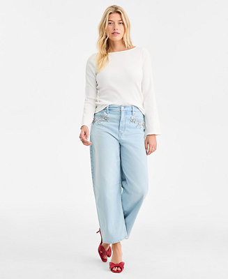 Women's High-Rise Embellished Barrel-Leg Jeans, Macy's Exclusive | Macy's