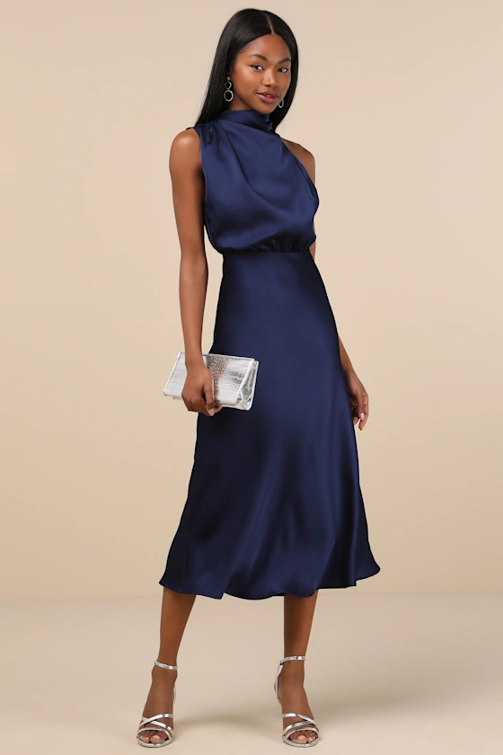 Distinctive Charm Navy Satin Asymmetrical Midi Dress | Lulus