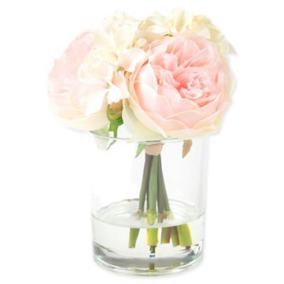 Pure Garden 7.5-Inch Hydrangea/Rose Artificial Arrangement in Pink/Cream with Clear Glass Vase | Bed Bath & Beyond