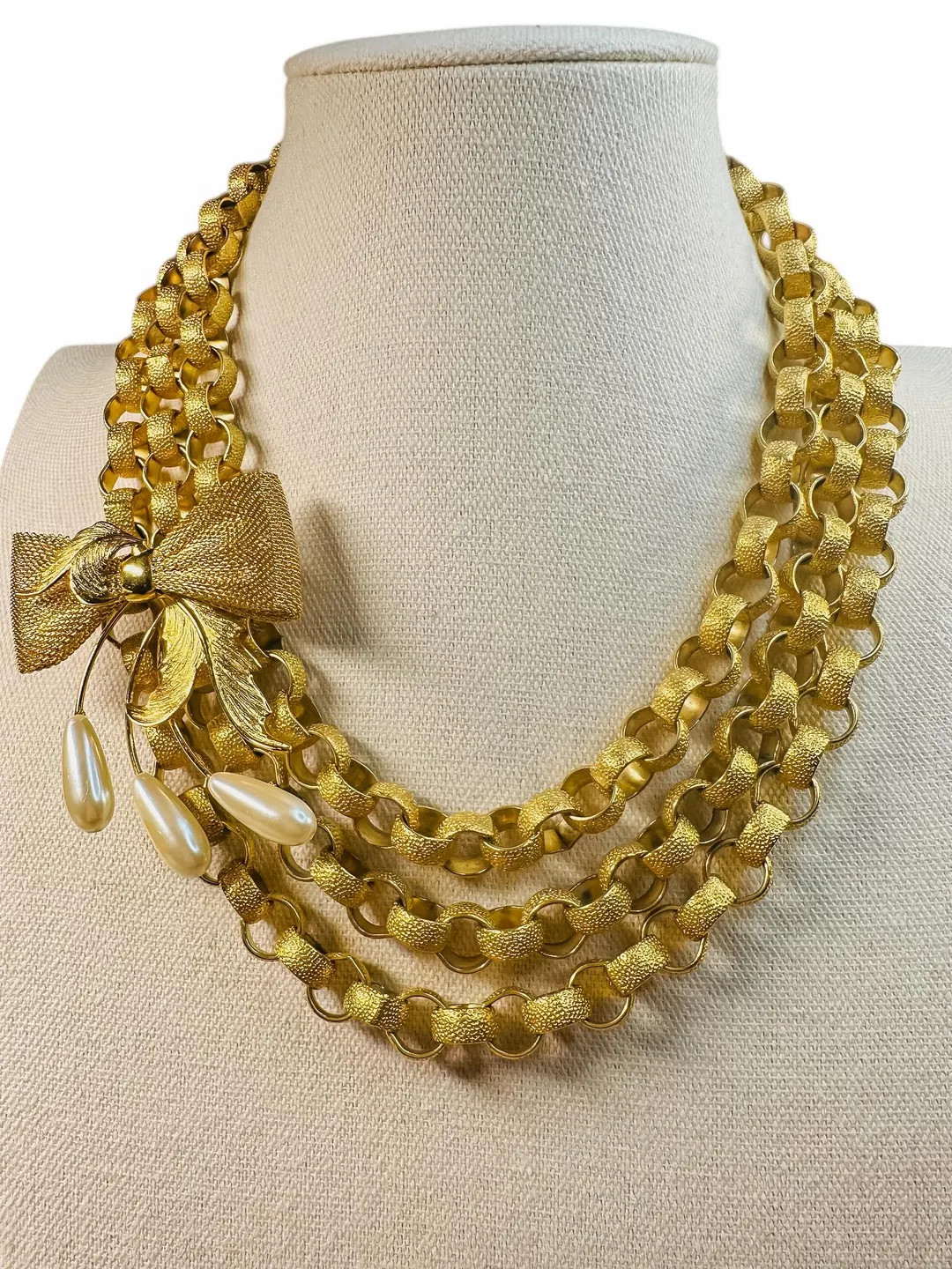 Sweet Tea & Secrets | Vintage 1980s Gold Tone Triple Strand Necklace with Pearl Brooch | Statemen... | Etsy (US)