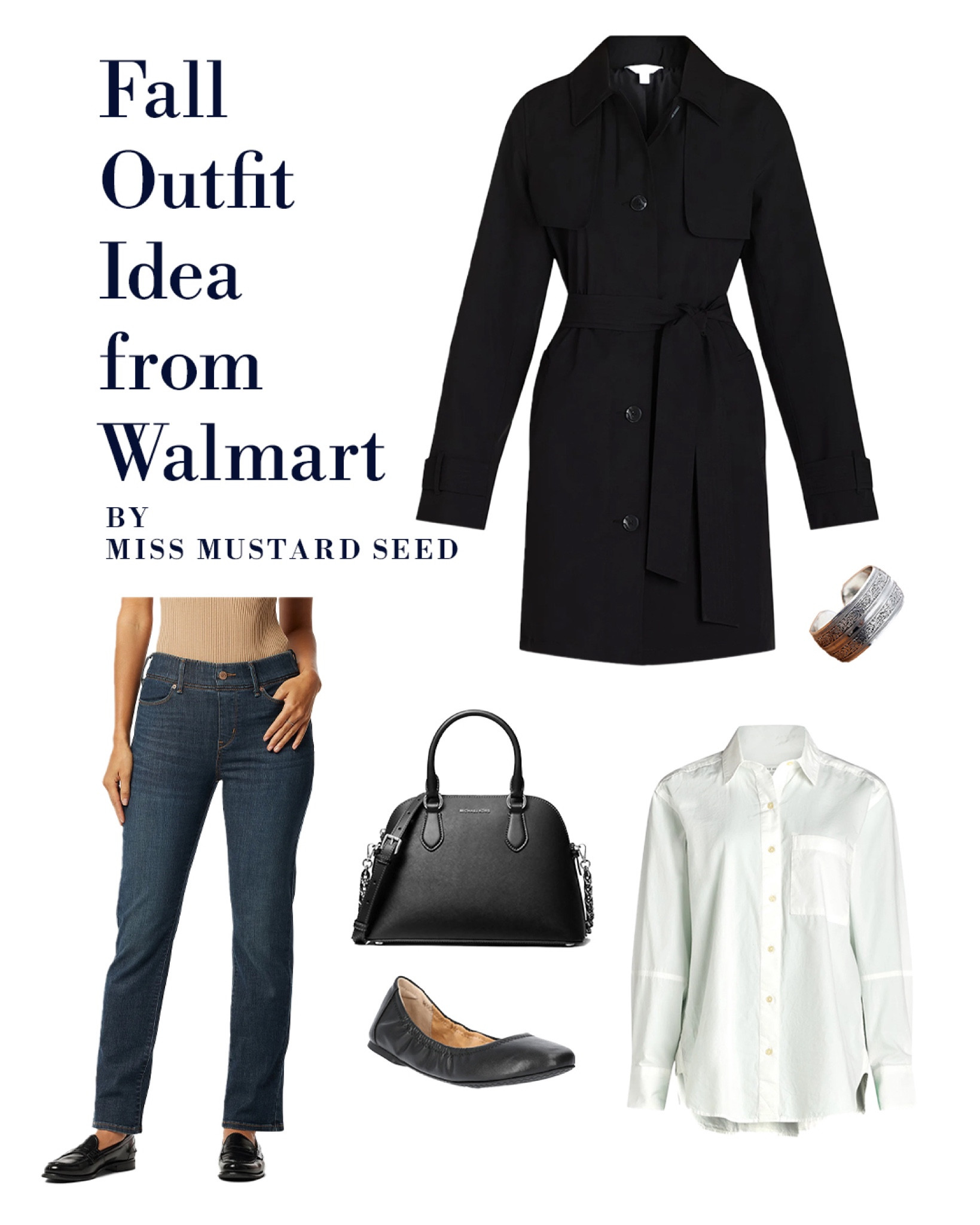 Fall outfit idea from @walmartfashion #walmartpartner . A flattering trench that’s the perfect weight for fall paired with a crisp white cotton button-up, easy flats, and a great bag. #walmartfashion 

#LTKfindsunder50 #LTKstyletip #LTKmidsize