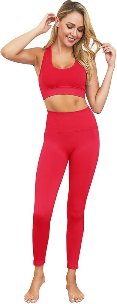 Jetjoy Yoga Outfits for Women 2 Piece Set,Workout High Waist Athletic Seamless Leggings and Sports B | Amazon (US)
