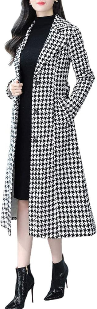 ebossy Women's Houndstooth Trench Coat Winter Single Breasted Quilt-Lined Long Coat | Amazon (US)