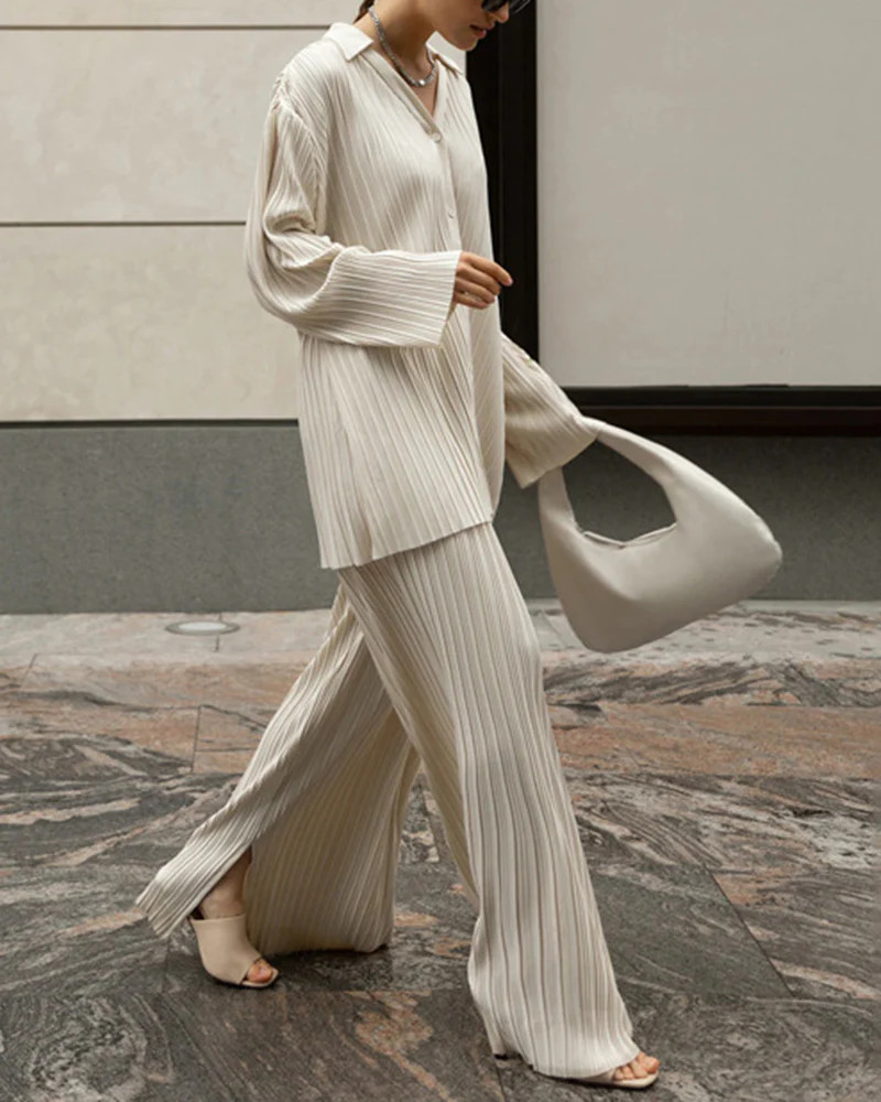 Solid Color Straight Pants Casual Two-piece Pleated Shirt Trousers Set | Zeagoo