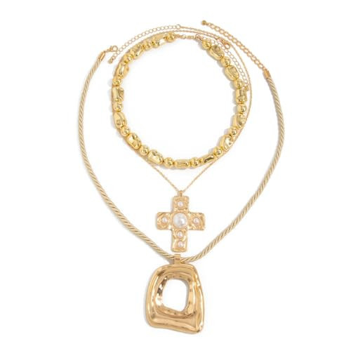 Gold Chunky Cross Necklace for Women Layered Cross Pendant Necklace Statement Necklaces Vintage Pearl Necklace Jewelry | Amazon (US)