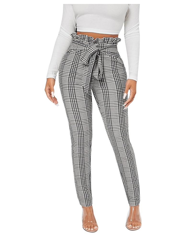 WDIRARA Women's Plaid Paperbag Waist Tie Front Stretch Belted Skinny Pants | Amazon (US)