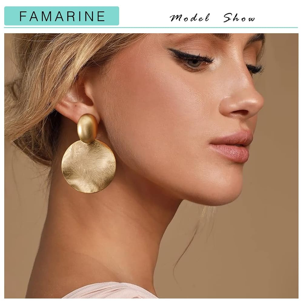 FAMARINE Big Disc Drop Earrings Gold Dangle Earrings Round Hammered Earrings Women | Amazon (US)
