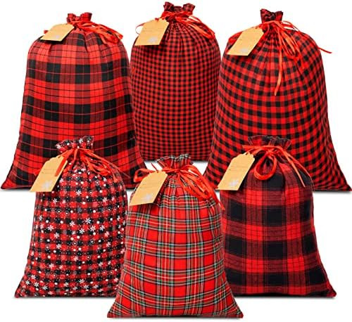 OuMuaMua Fabric Christmas Gift Bags with Drawstring - 6 Pack Cloth Buffalo Plaid Bag with Kraft G... | Amazon (US)