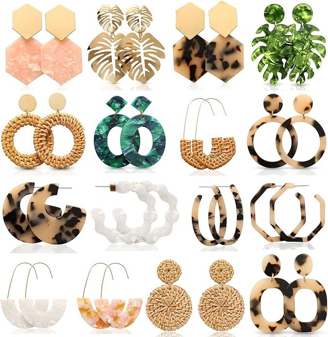 LANTAI 16 Pairs Behemian Acrylic Earrings Rattan Earrings Resin Earrings for Women Girls Leaf Dan... | Amazon (US)