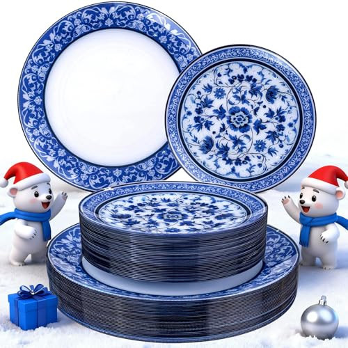 Hioasis 60pcs Blue Plastic Plates Set - Floral Blue & White Porcelain Design, 10.25" Dinner & 7.5" Dessert Plates Disposable for Wedding (Dishwasher Safe, Art Style) | Amazon (US)