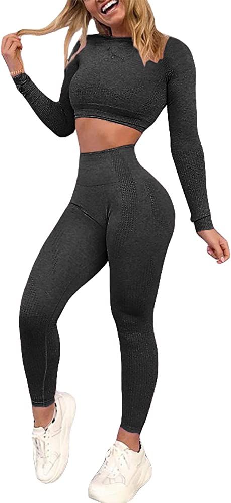 YOFIT Women's Workout Outfit 2 Pieces Seamless High Waist Yoga Leggings with Long Sleeve Crop Top Gy | Amazon (US)