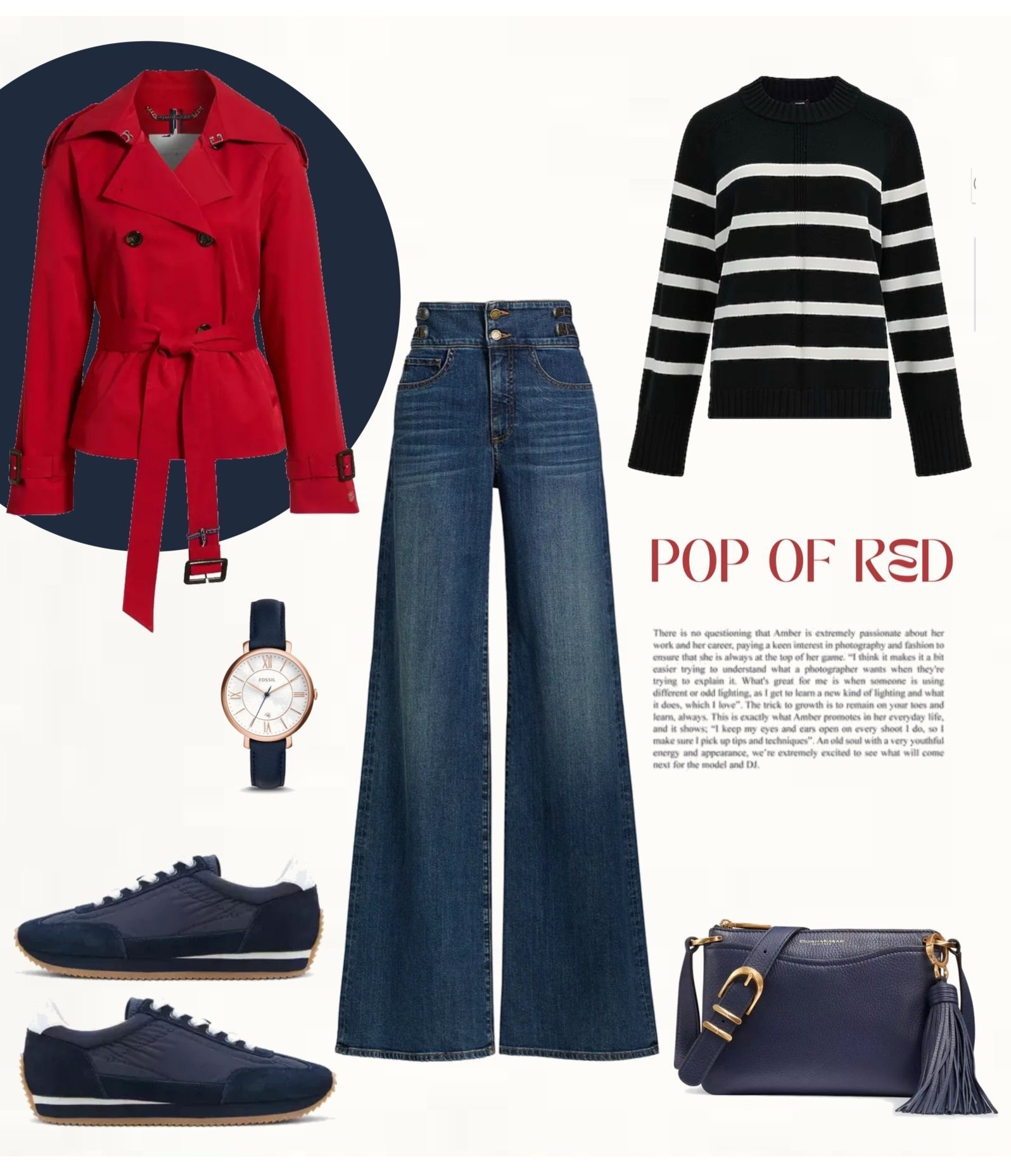 Casual chic outfit built around a black sweater with ivory stripes and high-waisted blue wide-leg jeans, layered with a bright red trench-style jacket for a bold pop of color. Styled with navy sneakers, a navy crossbody bag with gold hardware, and a navy strap watch for an easy everyday look with contrast.

#popofred #springstyle #everydaychic

#LTKOver40 #LTKSeasonal #LTKootd