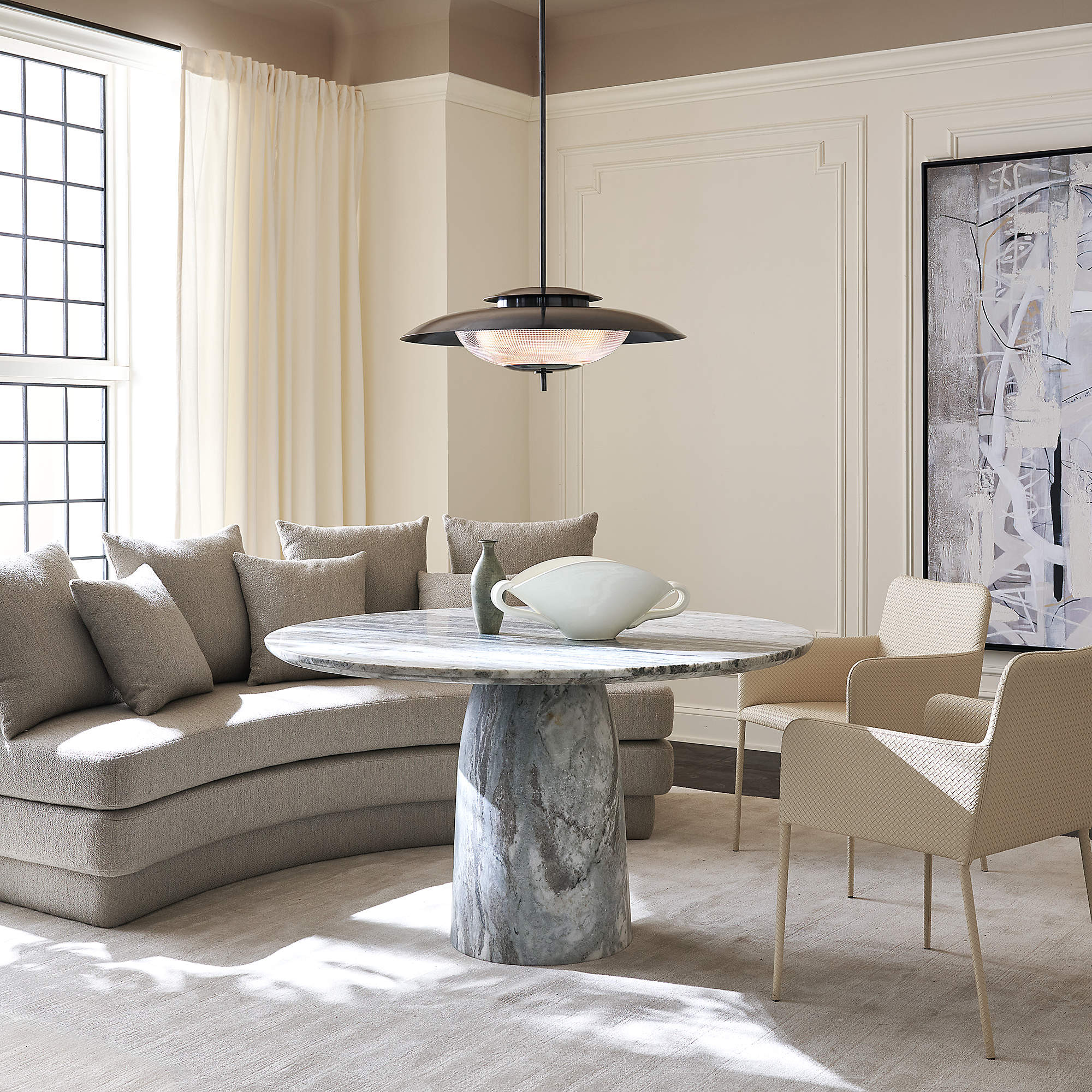 Babylon 54" Round Torrento Grey Marble Dining Table + Reviews | CB2 | CB2