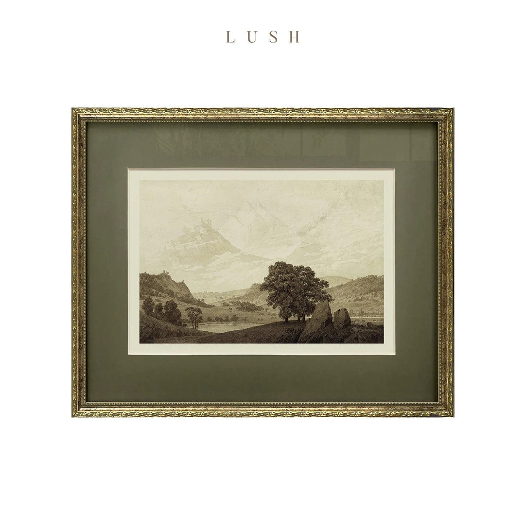 Vintage Art Framed Print, Sage Green Matted, Antique Wall Art Forest, Landscape Watercolor ,trans... | Etsy (US)