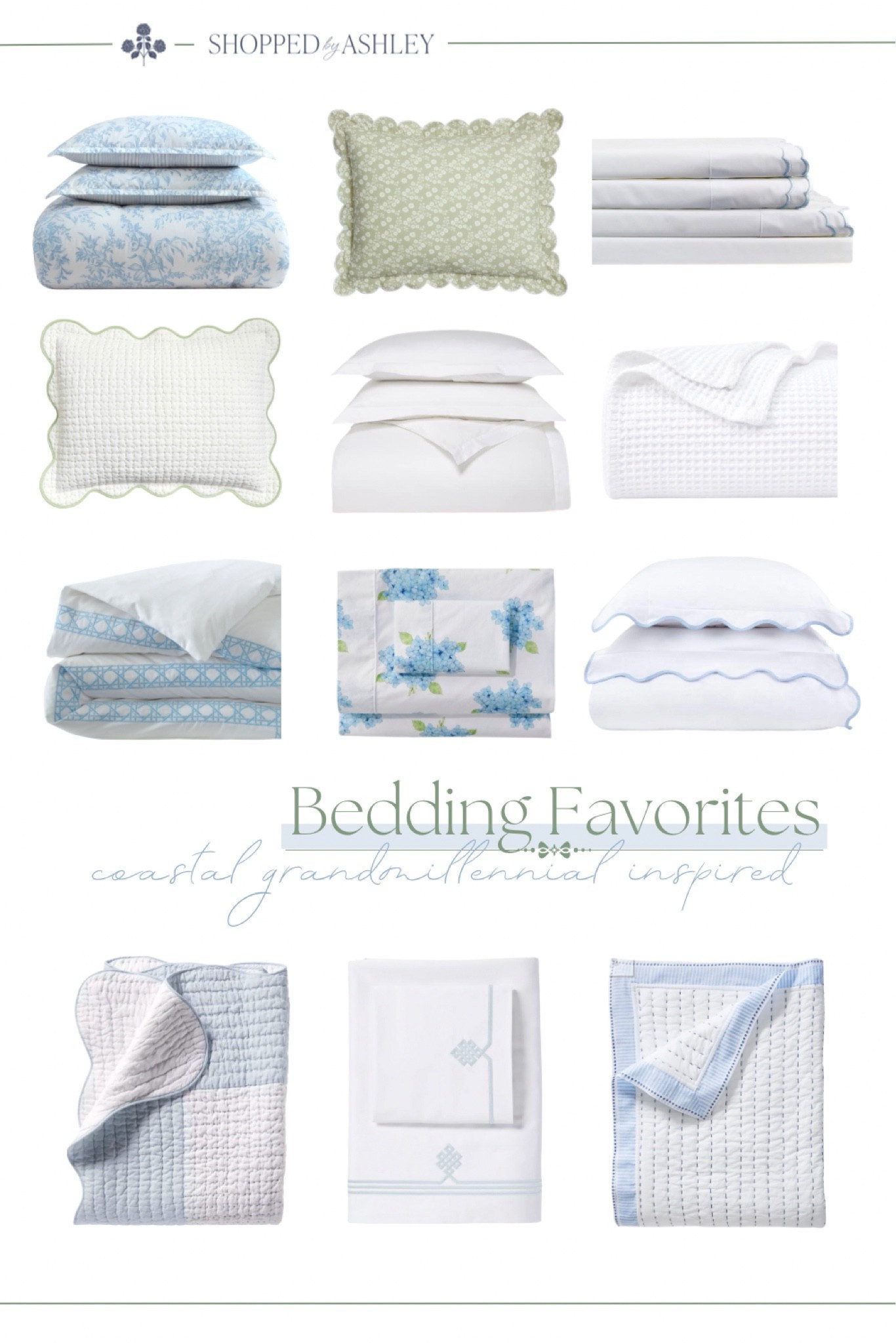Bedding options for a coastal grandmillennial style home! 

New bedding, bedding refresh, blue and white, blue and green, scallop bedding, coastal bedding, Grandmillennial bedding 

#LTKstyletip #LTKhome