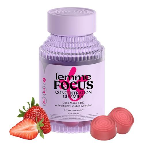 Lemme Focus Concentration & Brain Health Gummies with Cognizin Citicoline, Lion's Mane Mushroom, Vitamin B12 to Support Focus + Concentration - Gluten Free, Caffeine Free, Strawberry (50 Count) | Amazon (US)