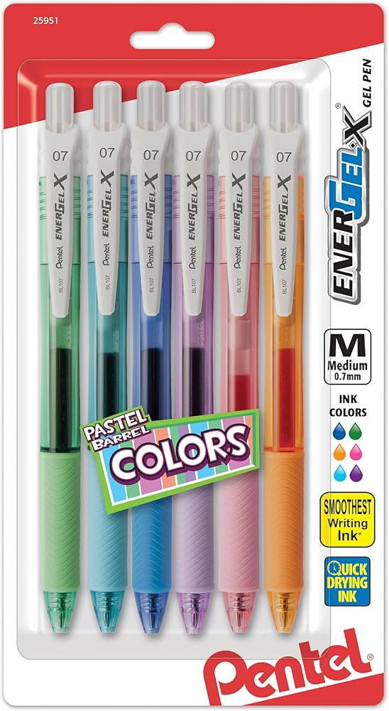 Pentel Energel-X Pastel Barrels Retractable, Medium Line, Assorted Ink Colors Pack of 6 (BL107FBP6M) | Amazon (US)
