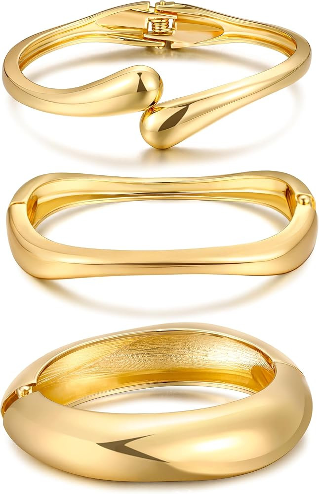 Chunky Gold Bangle Bracelets for Women, Dainty 14k Gold Plated Big Stackable Bangles Set, Trendy ... | Amazon (US)