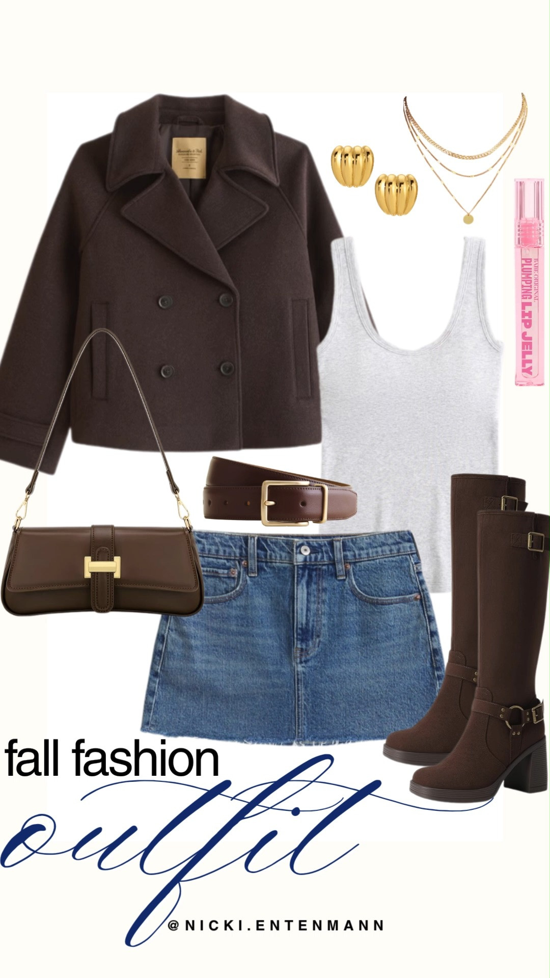 Elevate your preppy casual style with this fall fashion outfit edit featuring a dark brown double-breasted peacoat styled over a simple grey tank top and classic denim mini skirt. Knee-high chocolate brown boots, a matching leather shoulder bag with gold hardware, a brown belt, gold ribbed earrings, a layered necklace, and Babe Original plumping lip jelly complete this chic autumn look.

#fallfashion #falloutfit #preppycasual #outfitinspiration #chicstyle #everydayfashion 

 #LTKootd #LTKSeasonal #LTKTravel