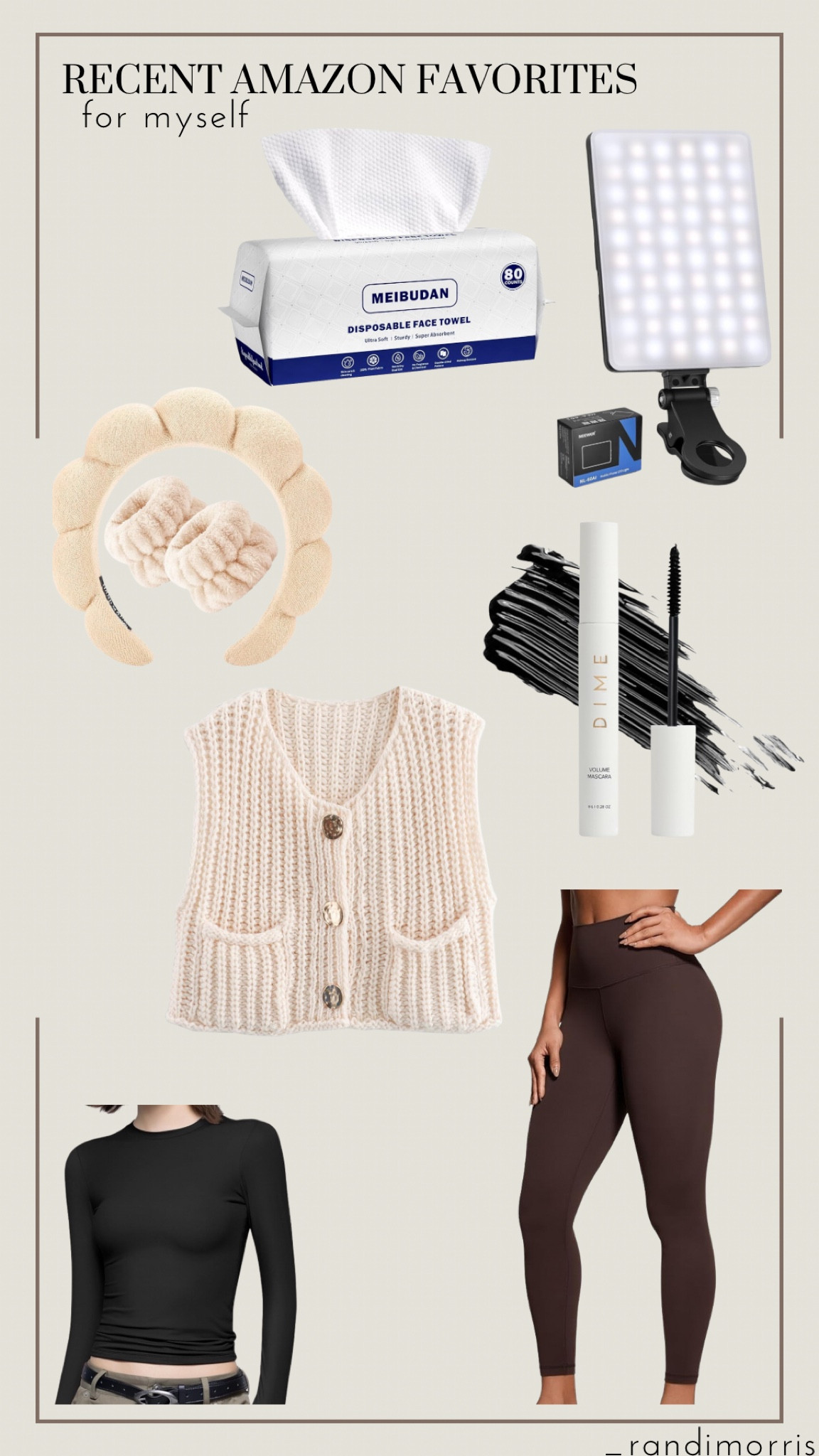 Favorite Amazon finds for myself recently. Flattering leggings that don’t ride up ,, chunky sweater vest ,, spa headband and wrist cuffs ,, non-toxic mascara ,, content selfie light for videos/pictures ,, double lined stretch long sleeve top ,, disposable face towels 

#LTKFindsUnder100 #LTKBeauty #LTKStyleTip