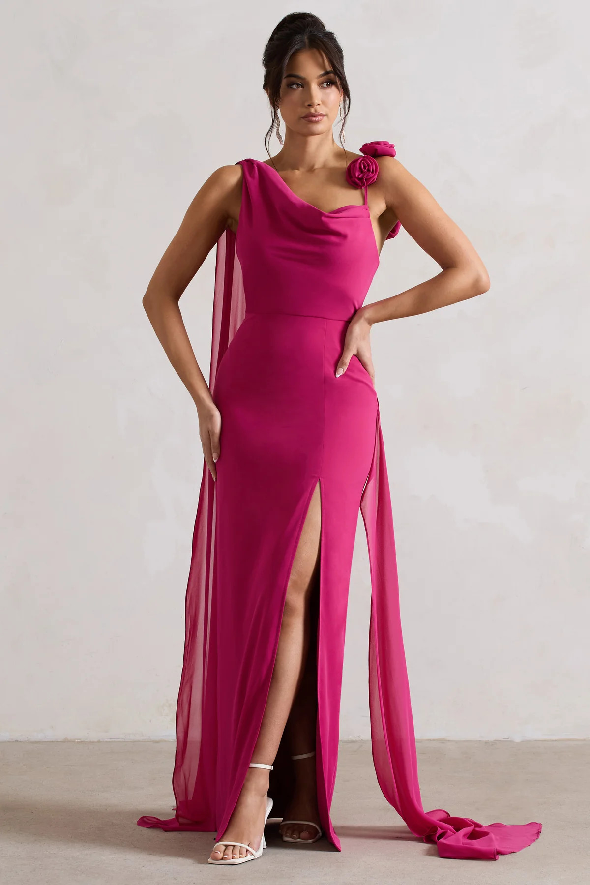 Angeline | Dark Pink Chiffon Draped Split Maxi Dress With Corsages | Club L London