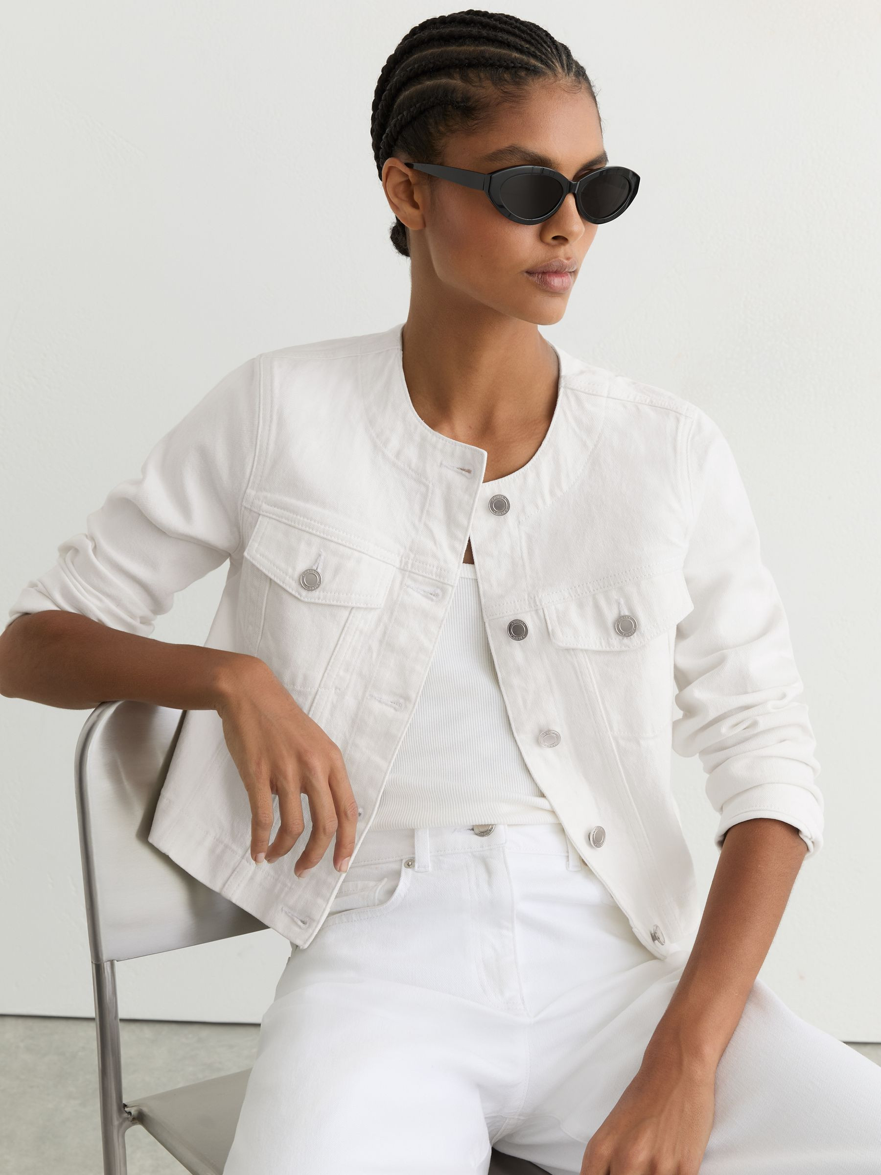 Reiss Collarless Cropped Jacket in White | REISS | Reiss US