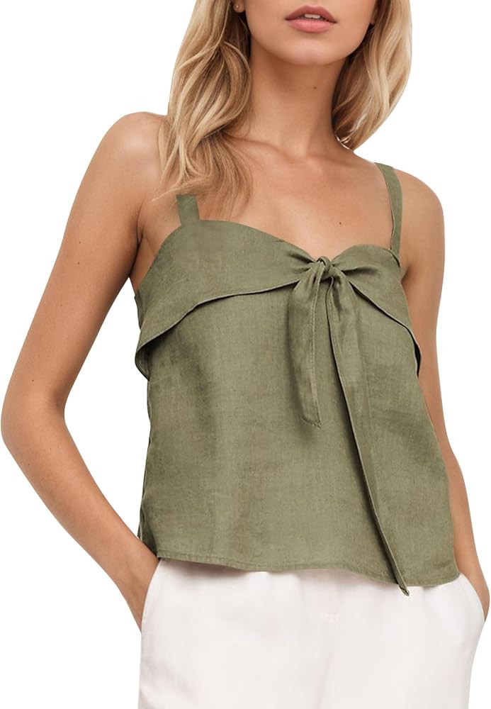 Ceputer Women Summer Linen Tie Front Tank Top Sweetheart Neckline Sleeveless Backless Cute Cami G... | Amazon (US)