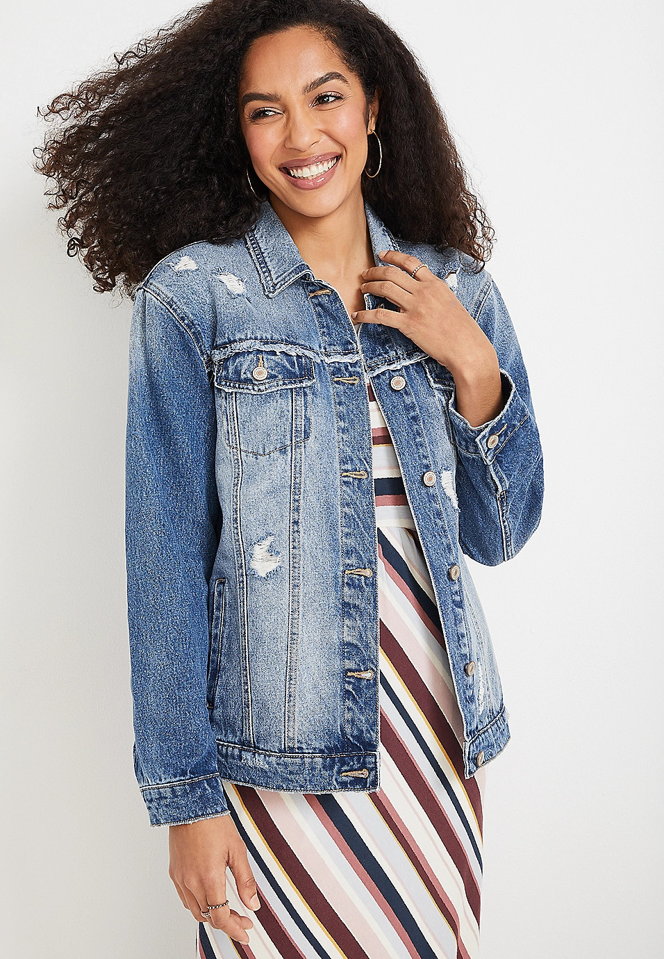 KanCan™ Medium Destructed Oversized Denim Jacket | Maurices
