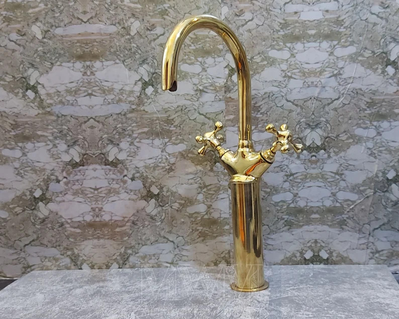 Brass Vessel Sink Faucet - Gooseneck Bathroom Faucet - Etsy | Etsy (US)