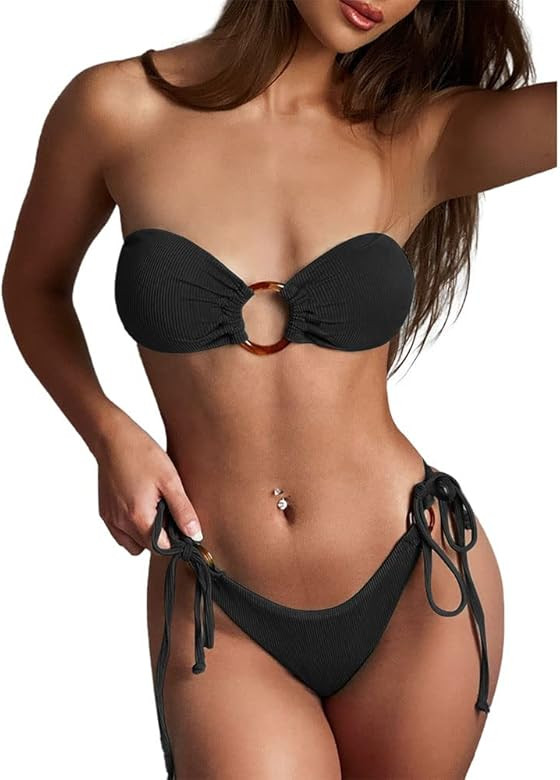 ZAFUL Women's Tie Dye Ribbed O Ring Lace Up Tie Side Bandeau Bikini Set Swimsuit | Amazon (US)