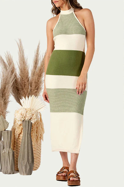 Brizo Knitted Halterneck Midi Dress In Ivory/green | Shop Simon