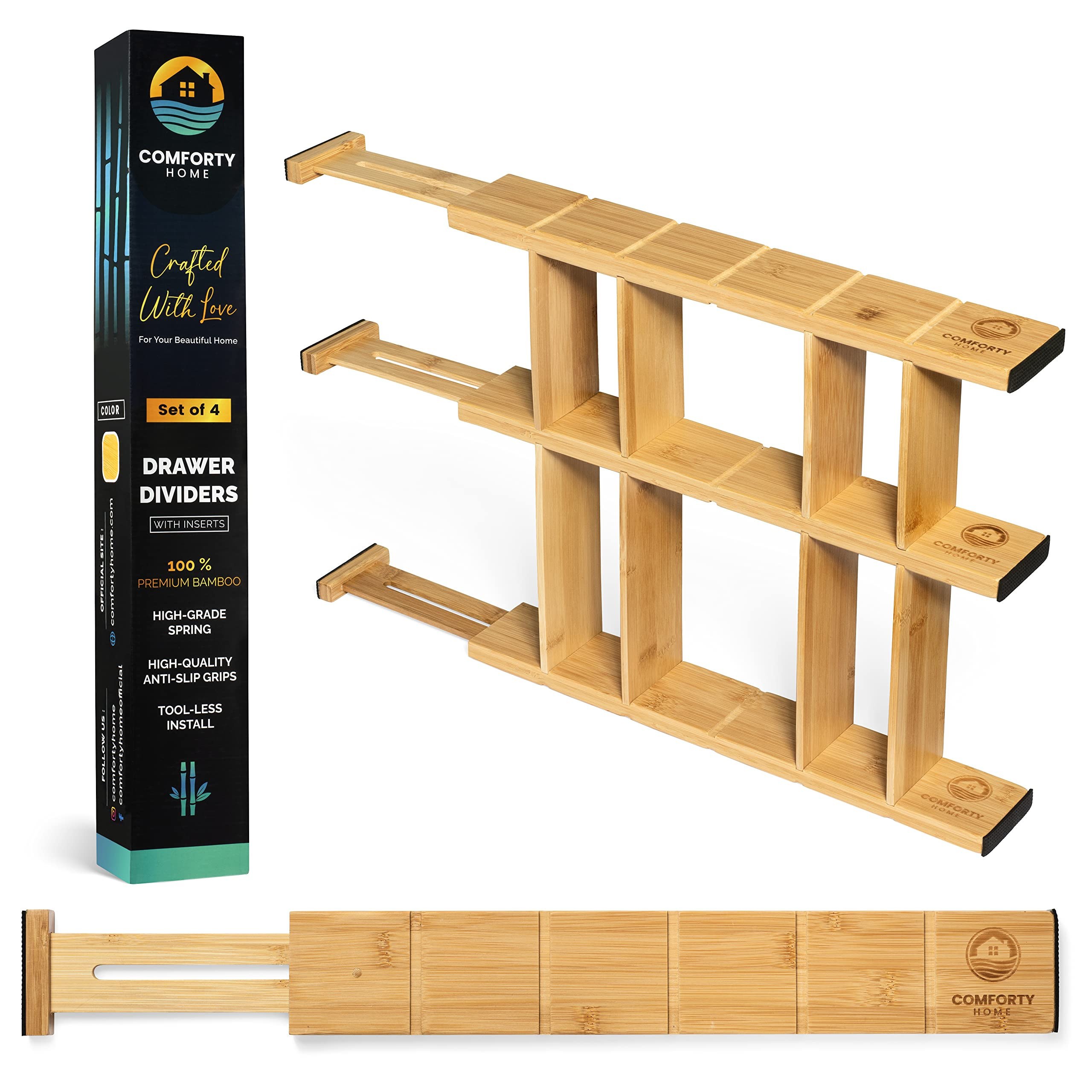 COMFORTY HOME Kitchen Drawer Divider Set of 4 (16.5"-21.5") with 8 Inserts - Adjustable Drawer Di... | Amazon (US)