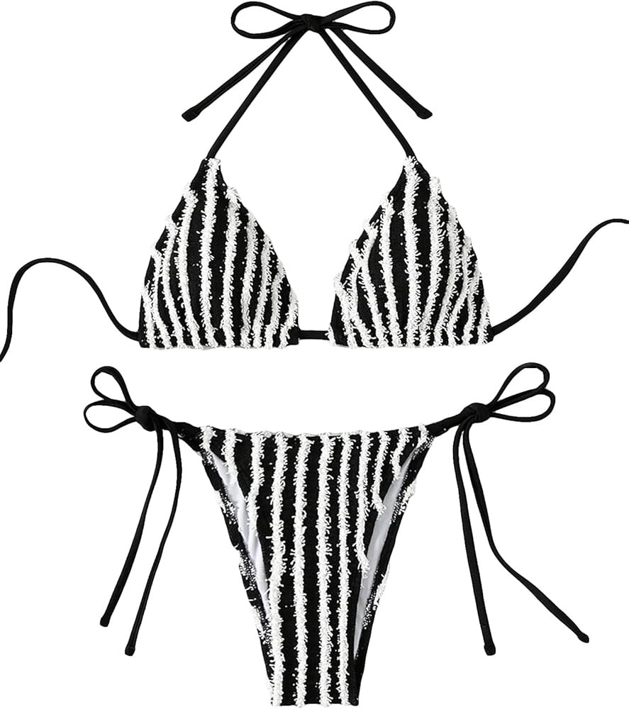 SHENHE Women's 2 Piece Striped Triangle Bikini Sets High Cut Halter Swimsuit Bathing Suit | Amazon (US)