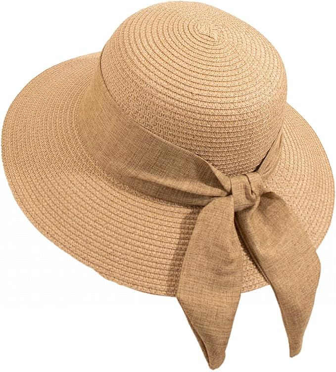 Women Sun Straw Hats Summer Beach Floppy UV Protective Panama Hat Foldable Packable Wide Brim | Amazon (US)