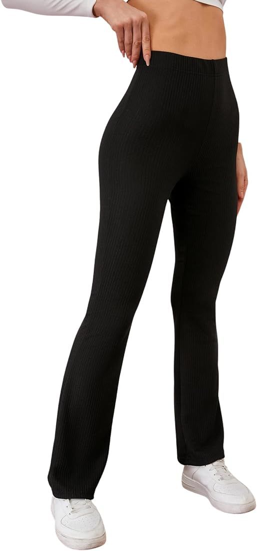 MakeMeChic Women's High Waist Flare Pants Ribbed Knit Bootleg Yoga Pants | Amazon (US)